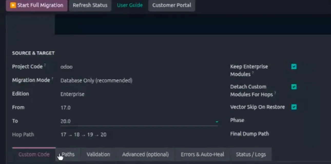 TechUltra Upgrades Source and Target screen showing an Odoo 17 to Odoo 20 hop path with Enterprise edition